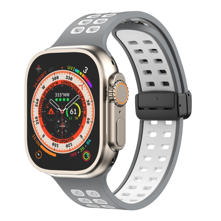 Light gray silicone smartwatch band with magnetic fold clasp and square hole pattern