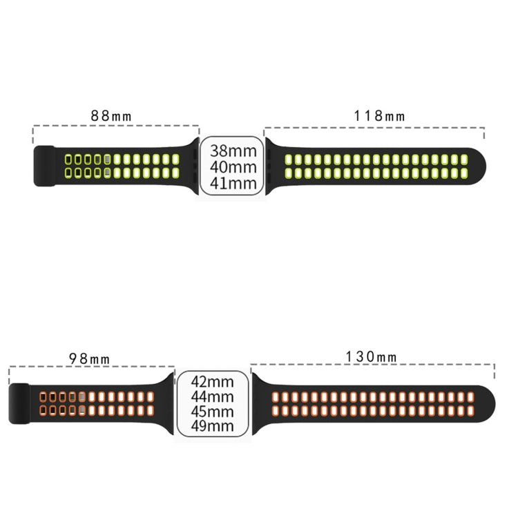 Silicone watch band size guide diagram with width and strap length measurements