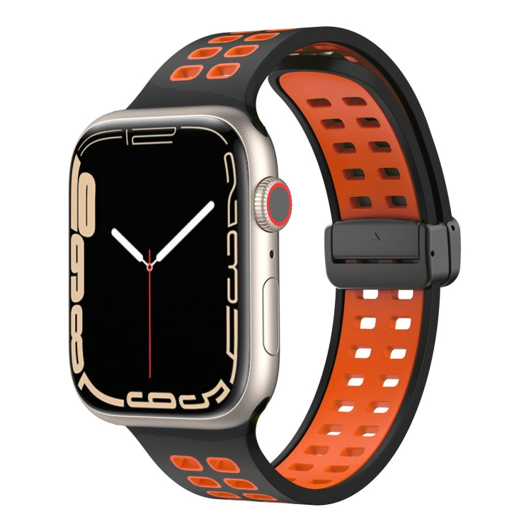 Silicone watch band with magnetic fold clasp, black strap and orange square-hole perforations