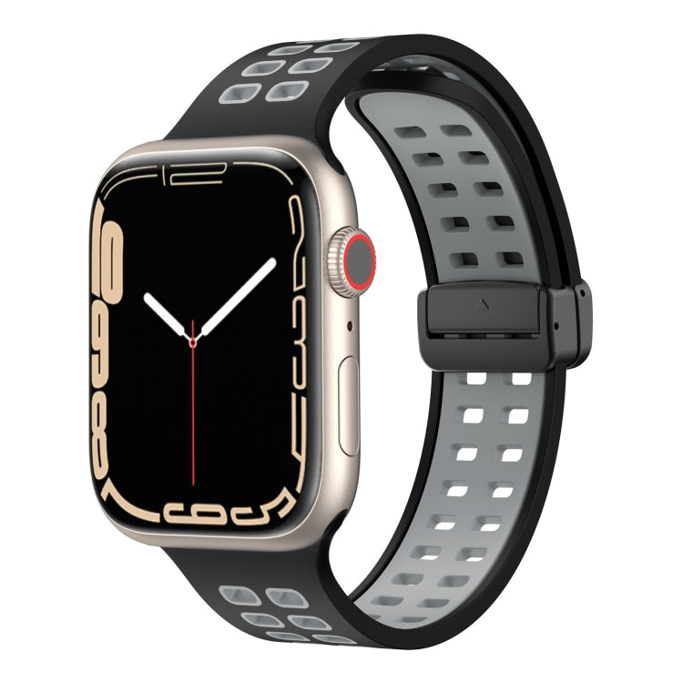 Silicone watch band with magnetic fold clasp, black strap and dark gray square-hole perforations