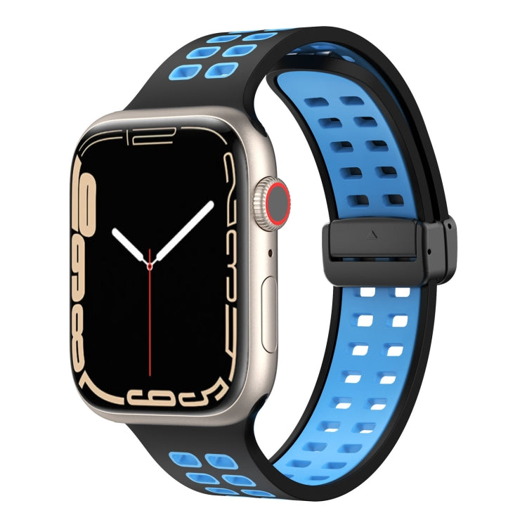Blue silicone smartwatch band with square holes and magnetic fold clasp hardware