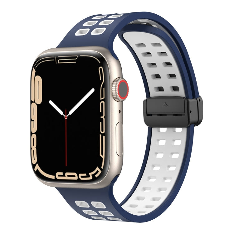Blue silicone smartwatch band with square holes and magnetic fold clasp hardware
