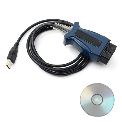 USB car diagnostic cable with blue OBD-II connector and black USB plug and wire