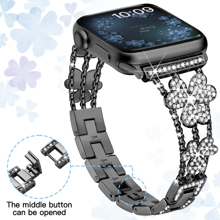 3-leaf clover diamond watch band with black links and silver rhinestone charms