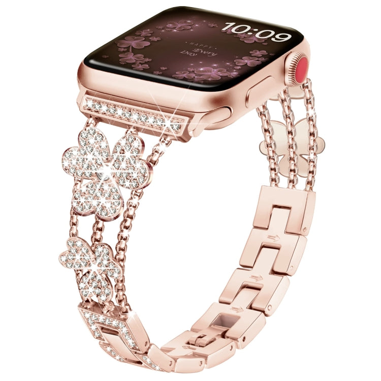3-leaf clover diamond watch band with rose gold links and sparkling rhinestone clover charms