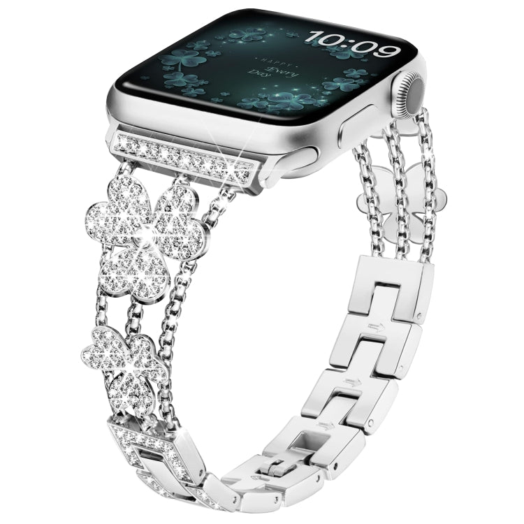 3-leaf clover diamond watch band with silver links and bright rhinestone clover charms