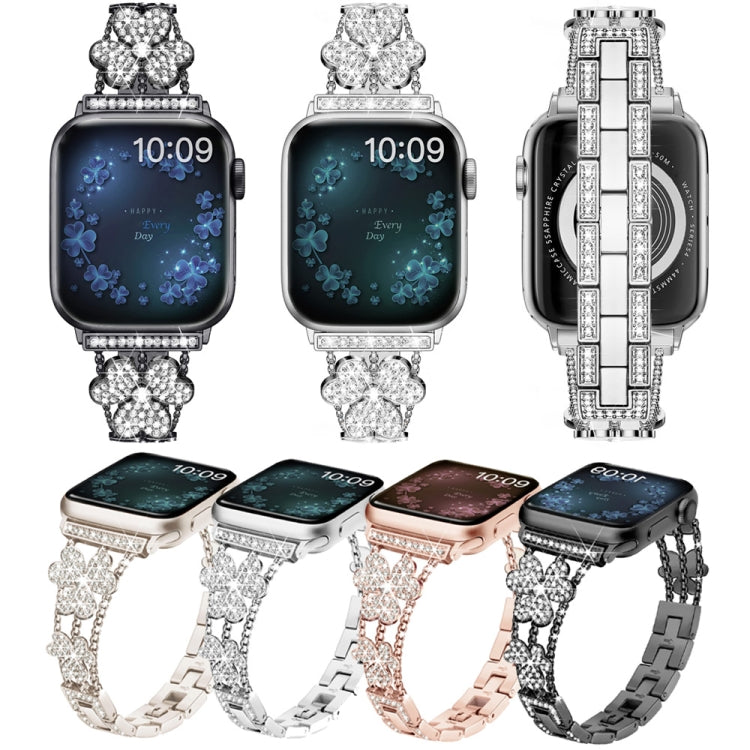 Three-leaf clover diamond watch band set in silver, rose gold, black, and starlight