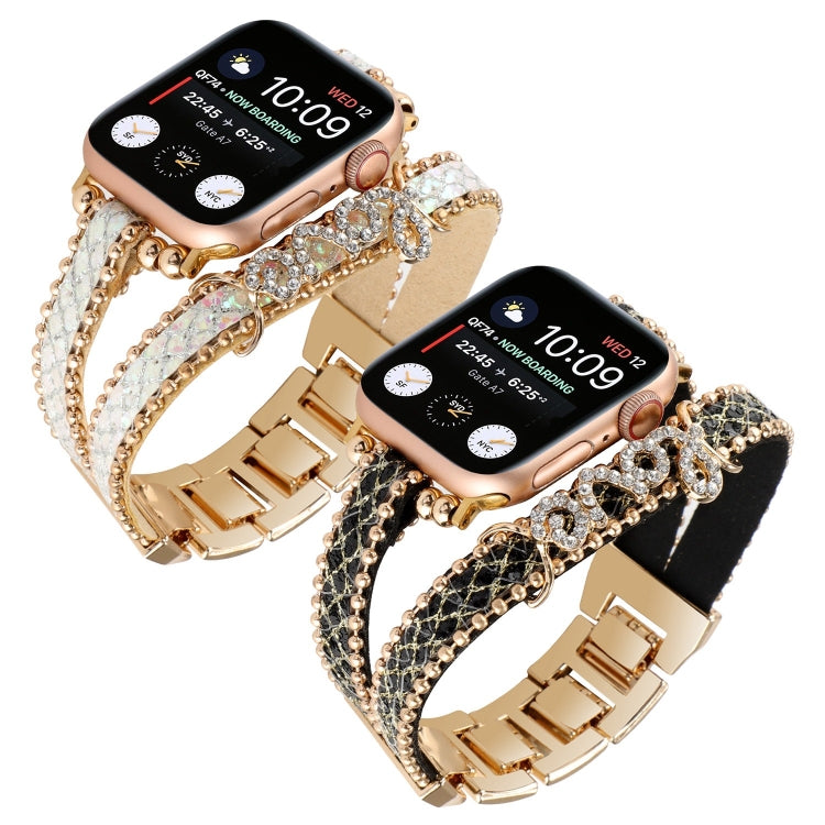 Leather chain watch bands on two watches, light and dark leather straps with rhinestones