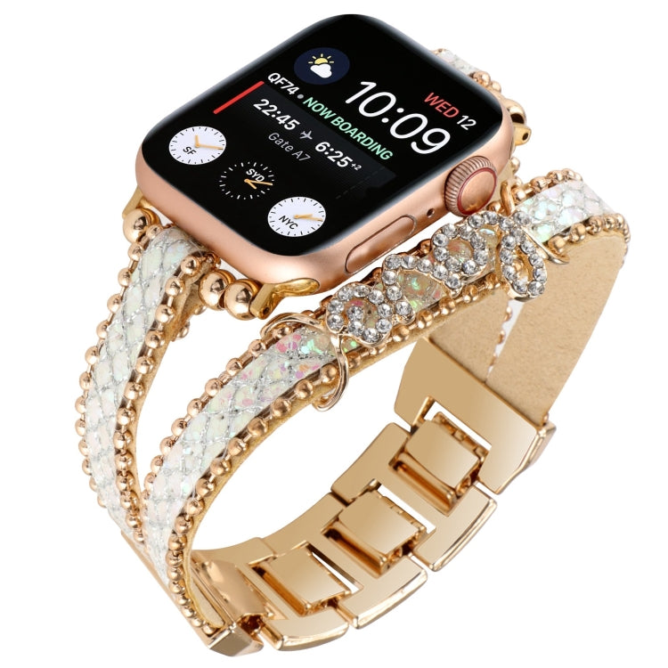 Leather chain watch band with light leather strap, gold-tone links, rhinestone strap detail