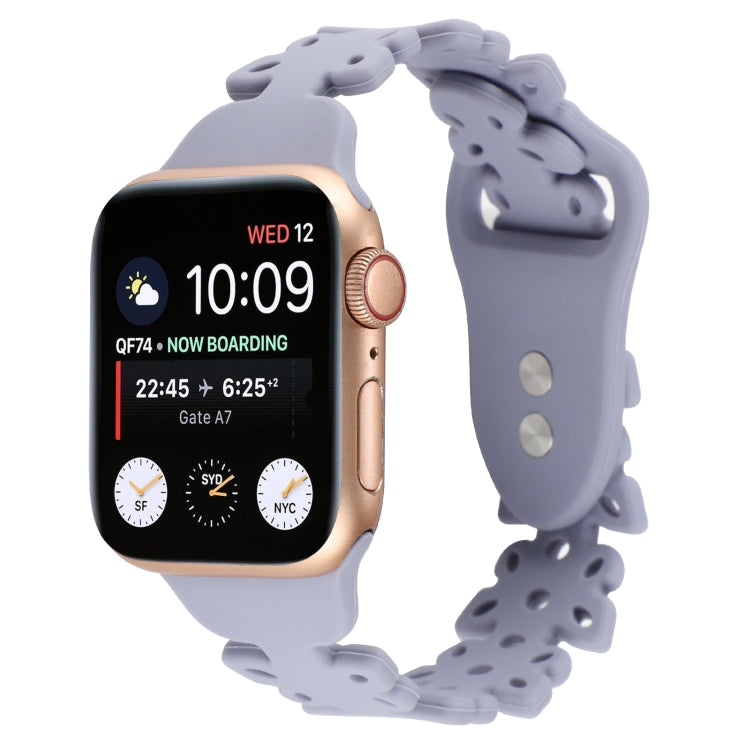 Silicone watch band with butterfly cutouts, light periwinkle, angled view for Apple Watch