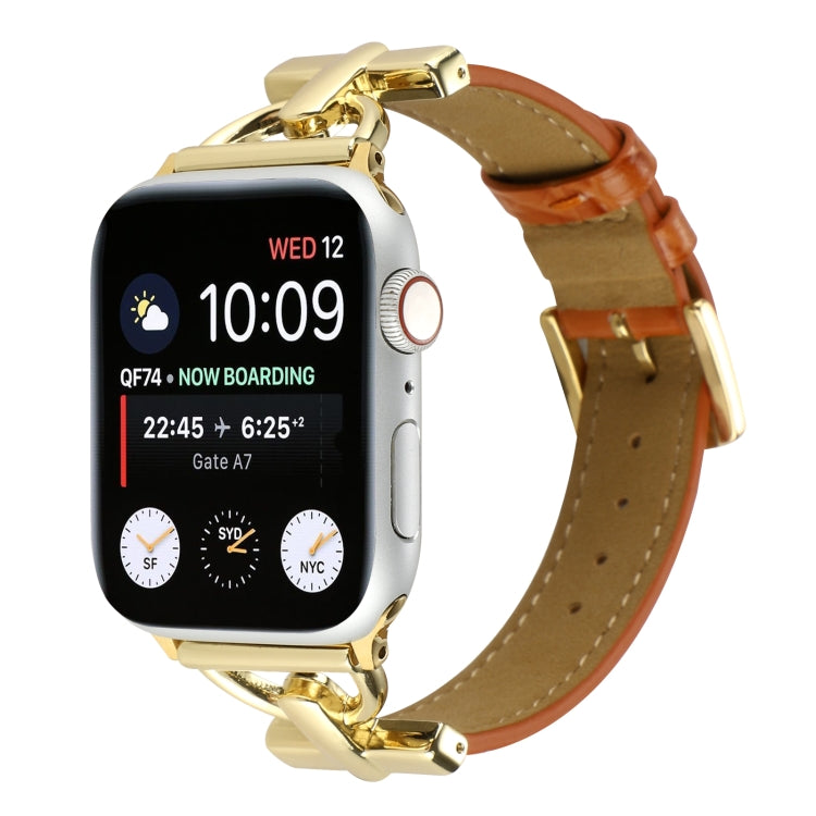 Crocodile-embossed genuine leather watch band with D-buckle, orange-brown and gold-tone hardware
