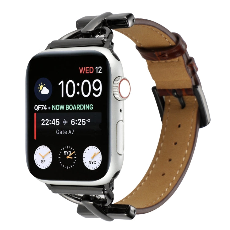 Genuine leather watch band with D-buckle, dark brown strap and black hardware
