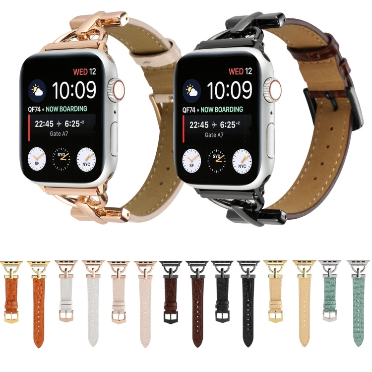 Crocodile-embossed genuine leather watch band with D-buckle, brown and black colors shown
