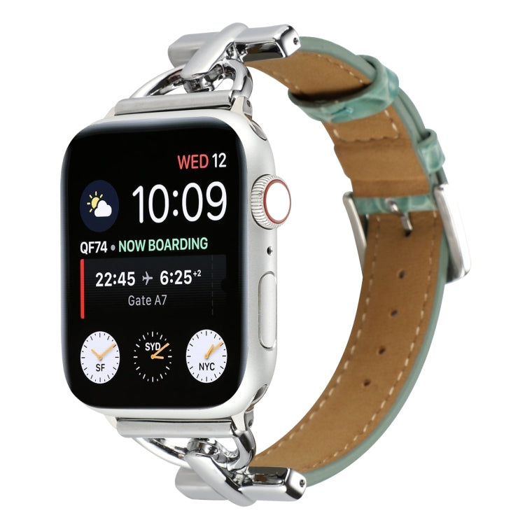 Green crocodile-textured genuine leather watch band with silver D-buckle clasp.