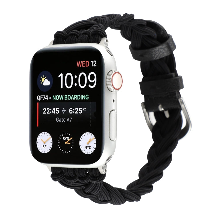 Black braided elastic nylon watch band with braided links and metal clasp
