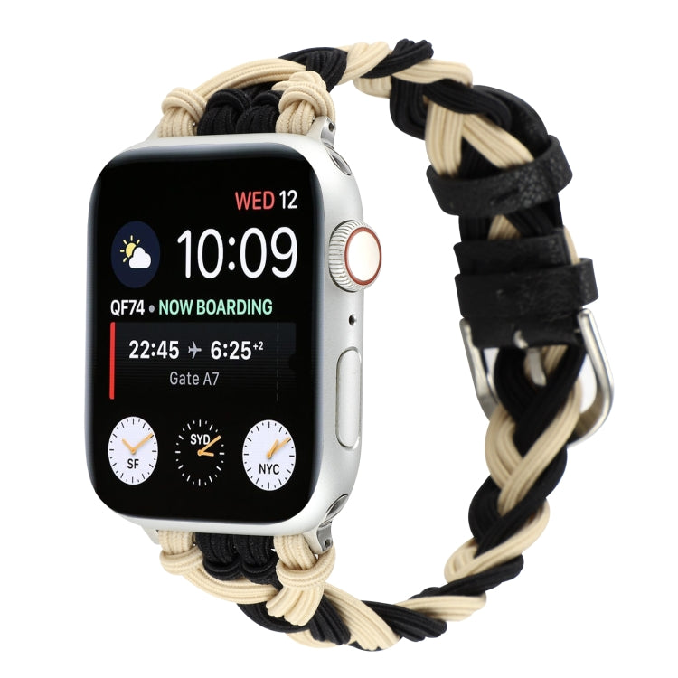Two-tone braided elastic watch band with beige and black braided straps