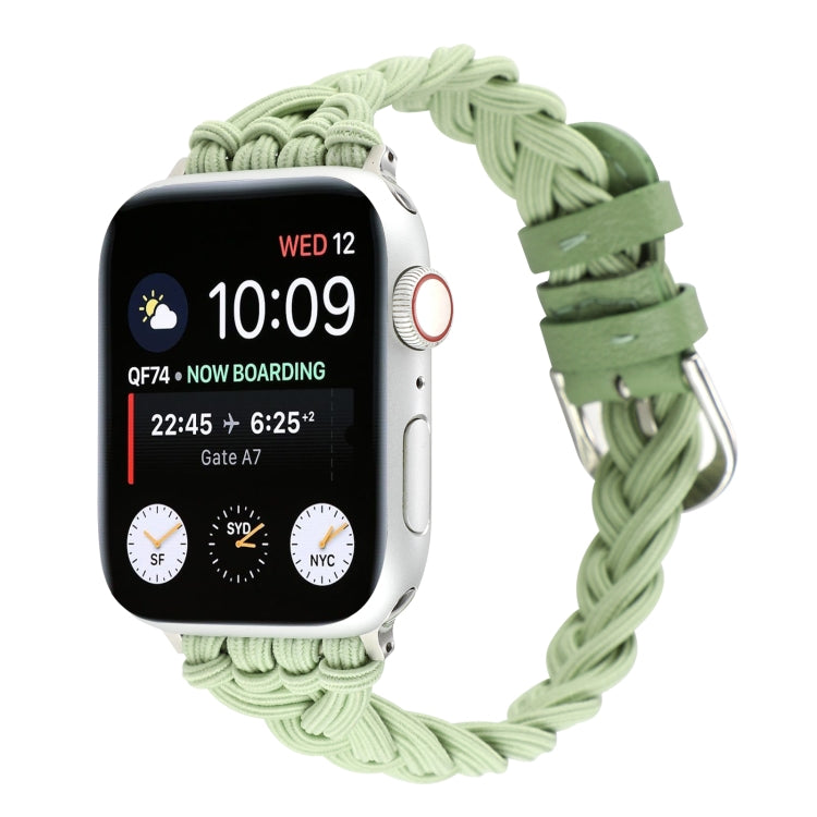 Light green braided elastic watch band with braided links and metal buckle