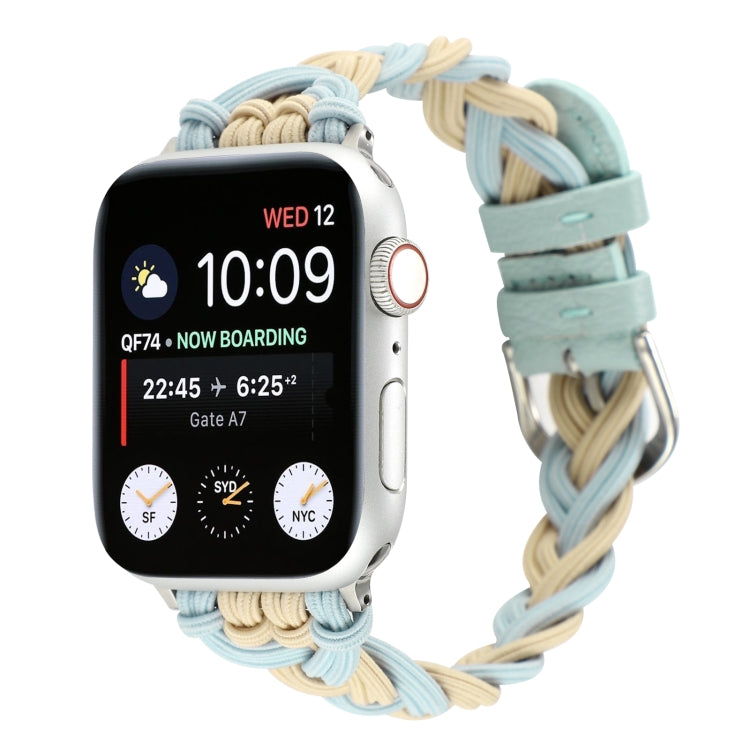 Apple Watch braided nylon elastic band, light blue and tan weave, clasp side visible
