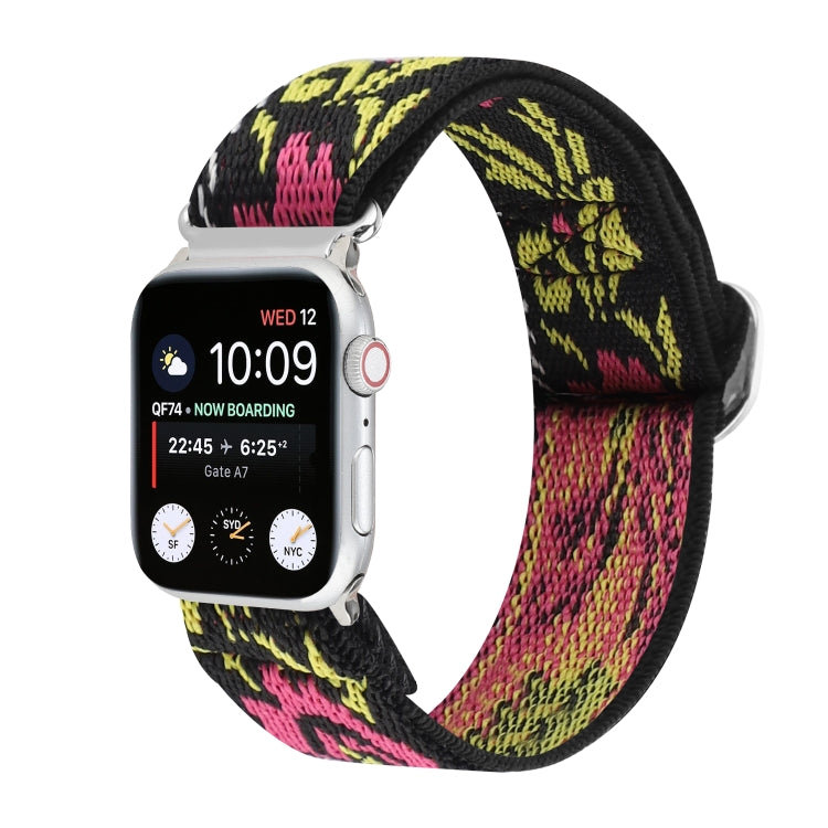 Elastic nylon watch band for Apple Watch, black strap with pink and neon yellow abstract pattern.