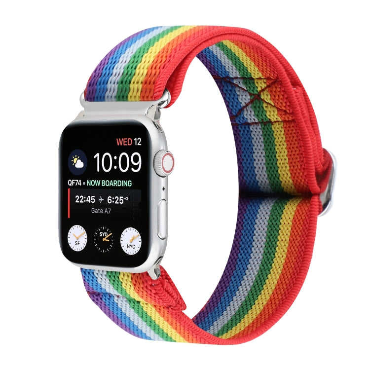 Elastic nylon watch band with buckle, rainbow striped pattern on vivid red base.