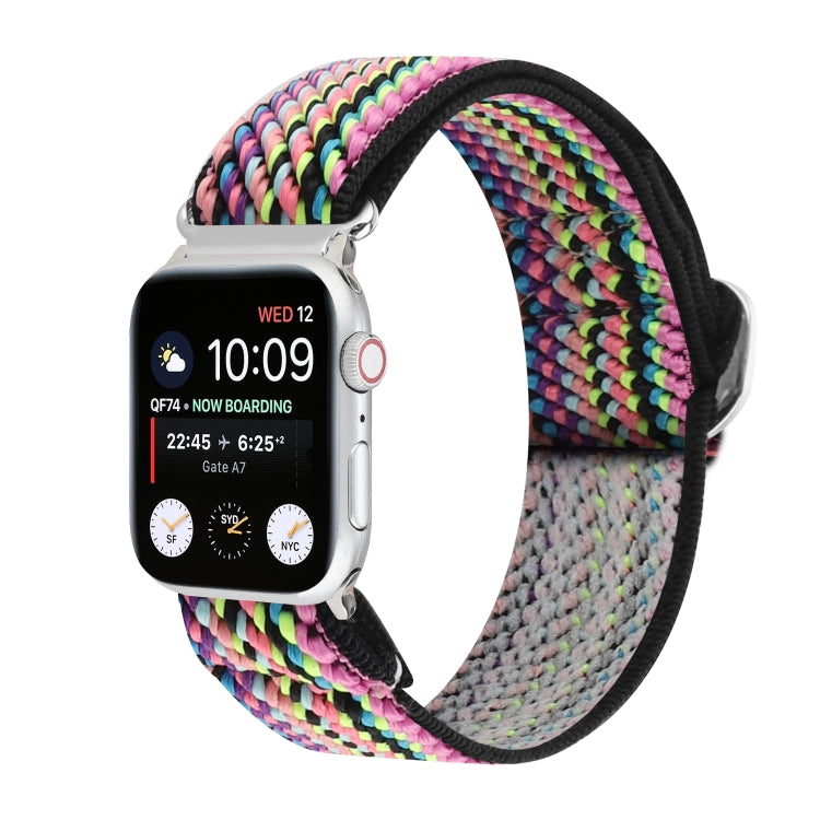 Black elastic nylon watch band with buckle and multicolor rainbow weave.