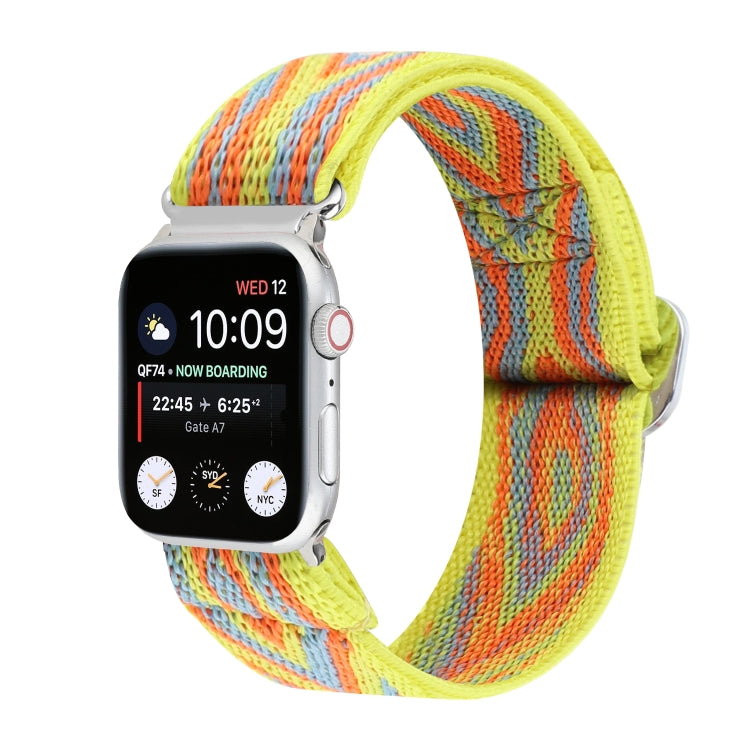 Yellow and orange multicolor elastic nylon watch band with buckle, striped weave.