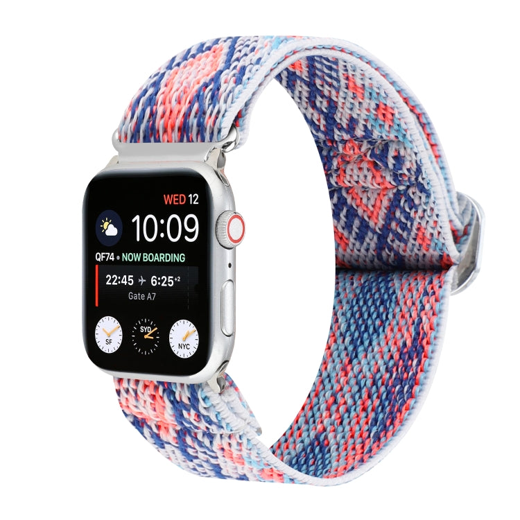 Light blue and white elastic nylon watch band with buckle, woven striped pattern.