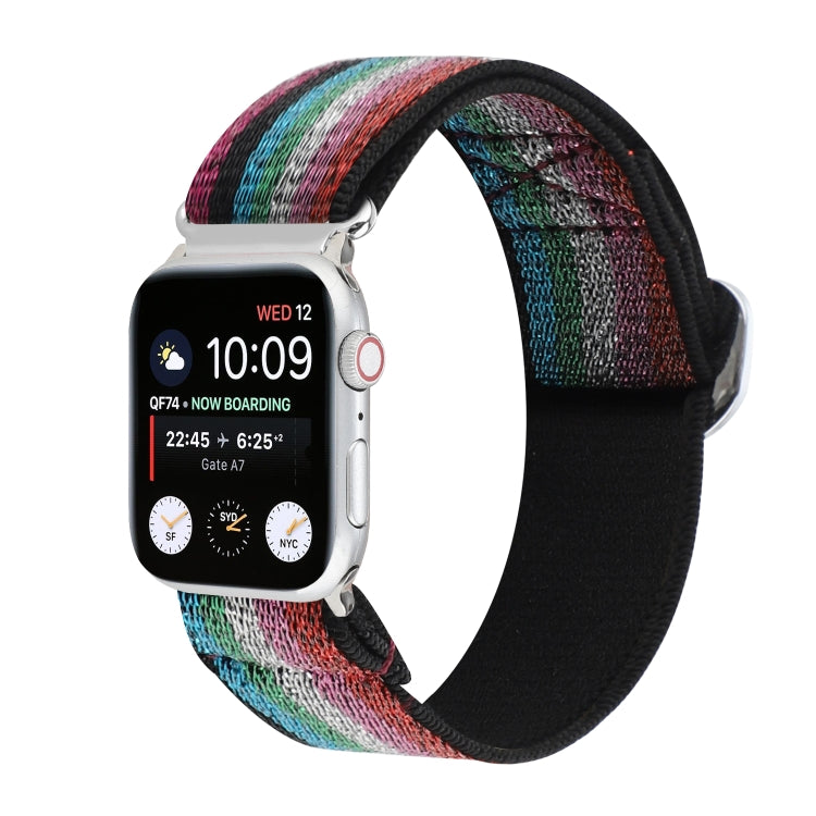 Buckle elastic nylon watch band with rainbow woven pattern and metal clasp
