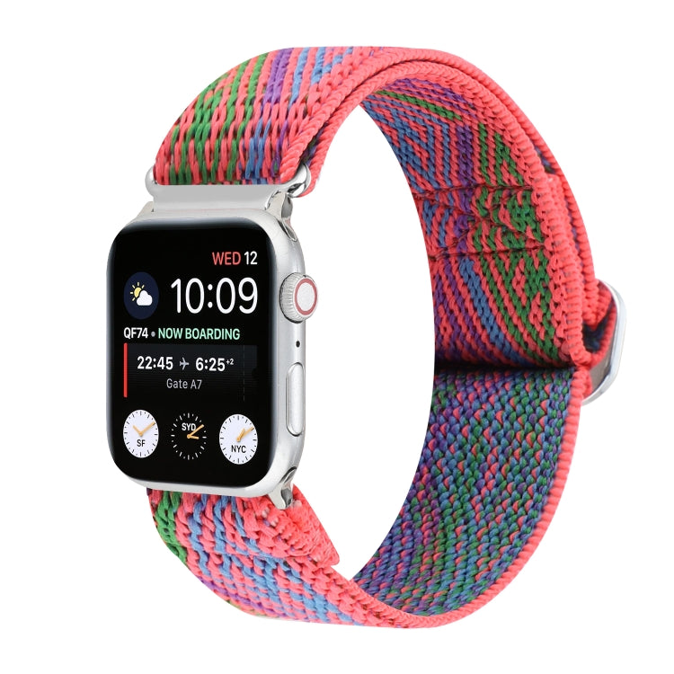 Elastic nylon watch band with pink-green-red woven pattern and metal clasp buckle