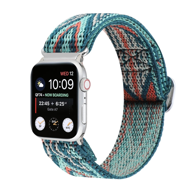Elastic nylon watch band with teal-blue woven pattern and metal buckle clasp