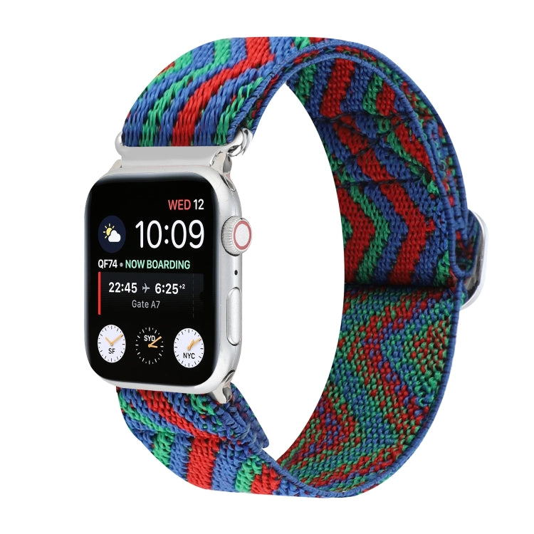 Buckle elastic nylon watch band with dark multicolor woven pattern and metal clasp