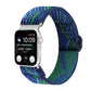 Elastic nylon watch band with blue-green woven pattern and metal buckle clasp