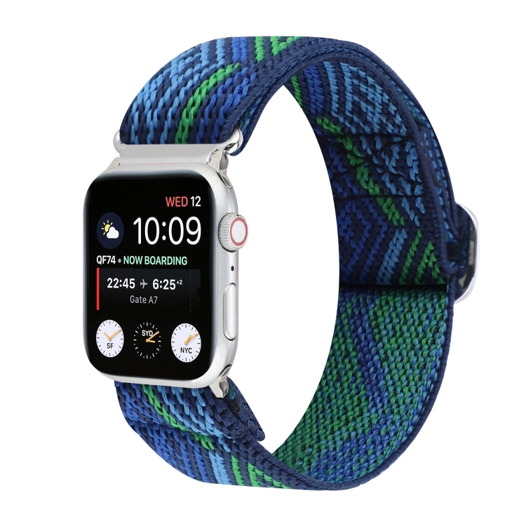 Elastic nylon watch band with blue-green woven pattern and metal buckle clasp