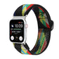 Elastic nylon watch band for Apple Watch, black strap with multicolor geometric pattern.