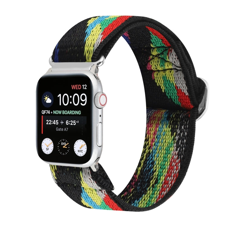 Elastic nylon watch band for Apple Watch, black strap with multicolor geometric pattern.