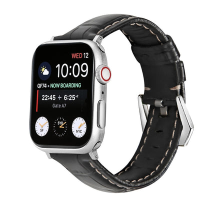 Genuine leather watch band, black croc-style with silver buckle and stitched edges