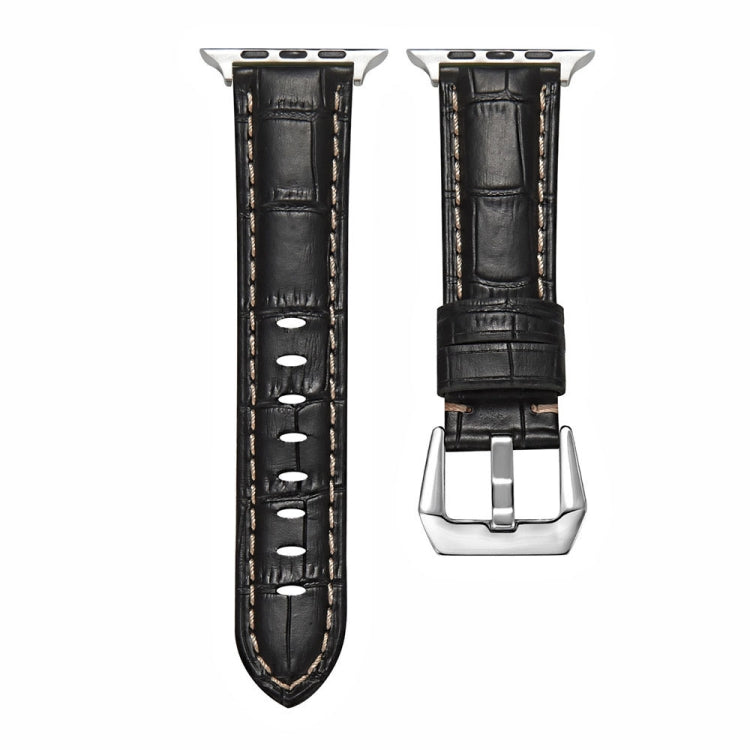 Genuine leather watch band, black croc-style with silver clasp buckle and stitching