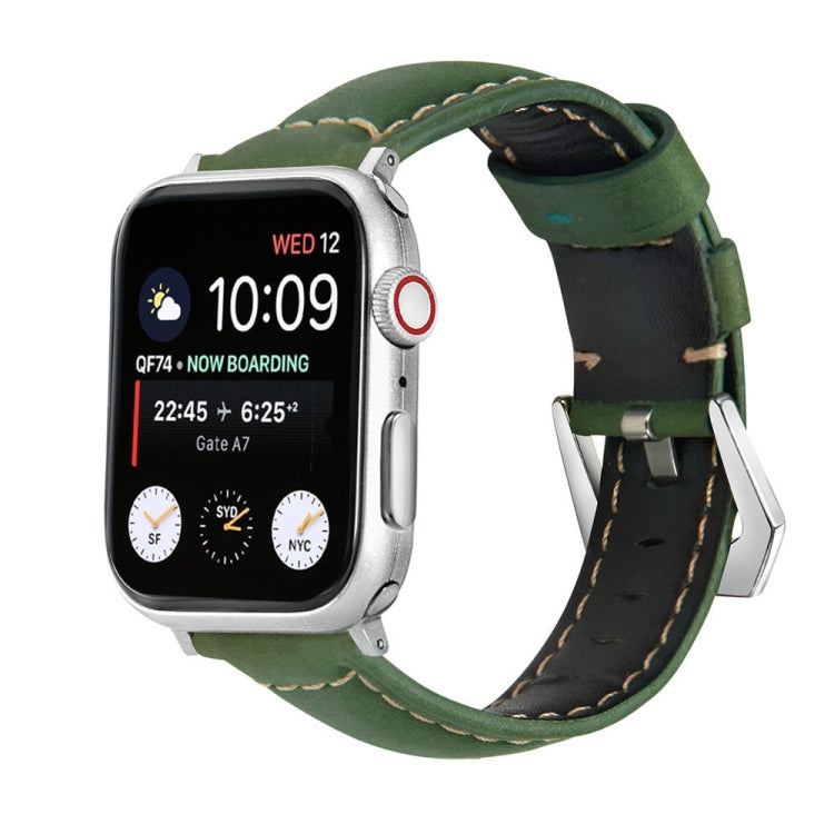 Genuine leather watch band, green with silver buckle and tan stitched edges