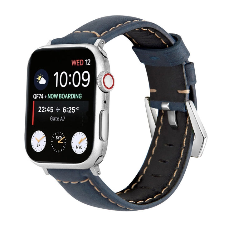 Genuine leather watch band, dark blue leather with silver buckle and tan stitching