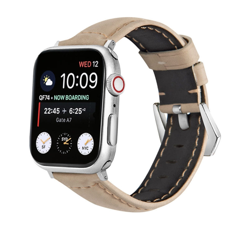 Genuine leather watch band with silver buckle, beige with black accents and tan stitching