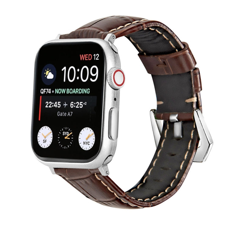 Genuine leather watch band, brown croc-style with silver buckle and contrast tan stitching