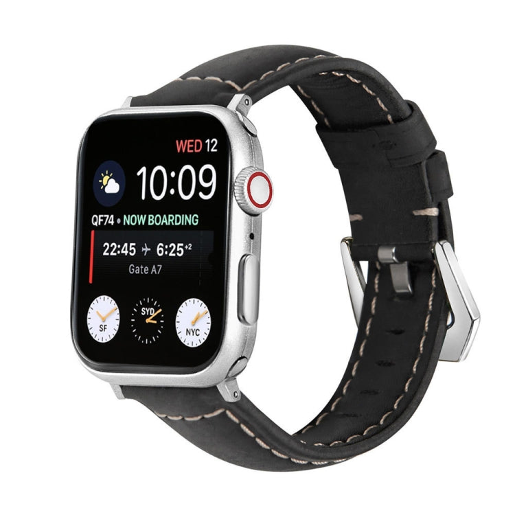 Genuine leather watch band, black leather with silver buckle and visible stitched holes