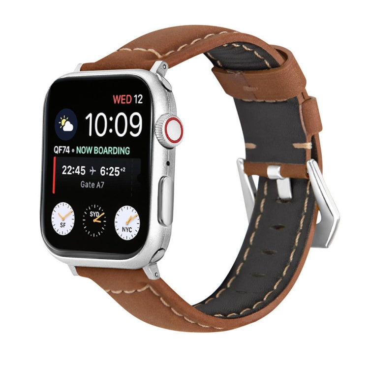 Genuine leather watch band with silver buckle, dark brown leather with tan edge stitching
