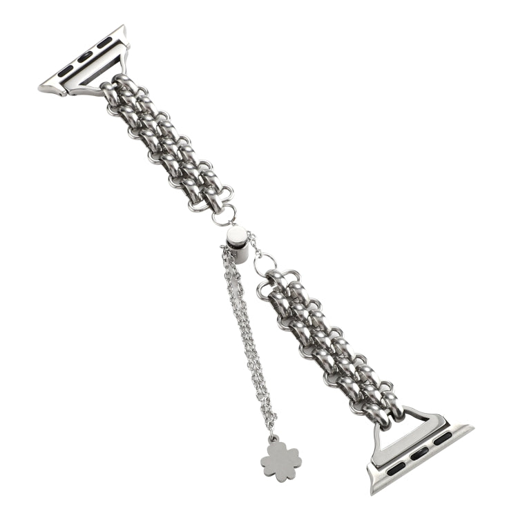 Dual-row chain metal watch band with silver links and clover charm