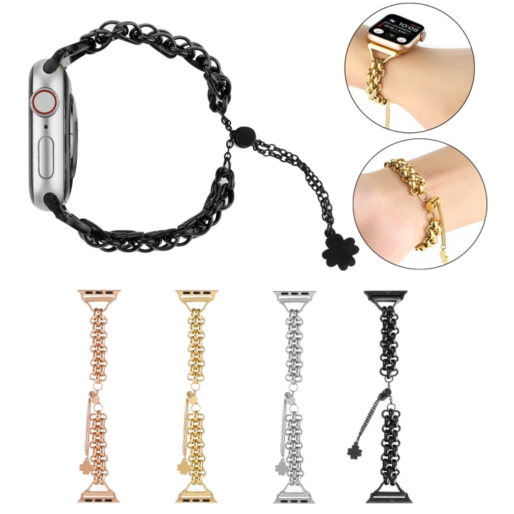 Dual-row chain metal watch band set with black links and clover charm, other colors shown