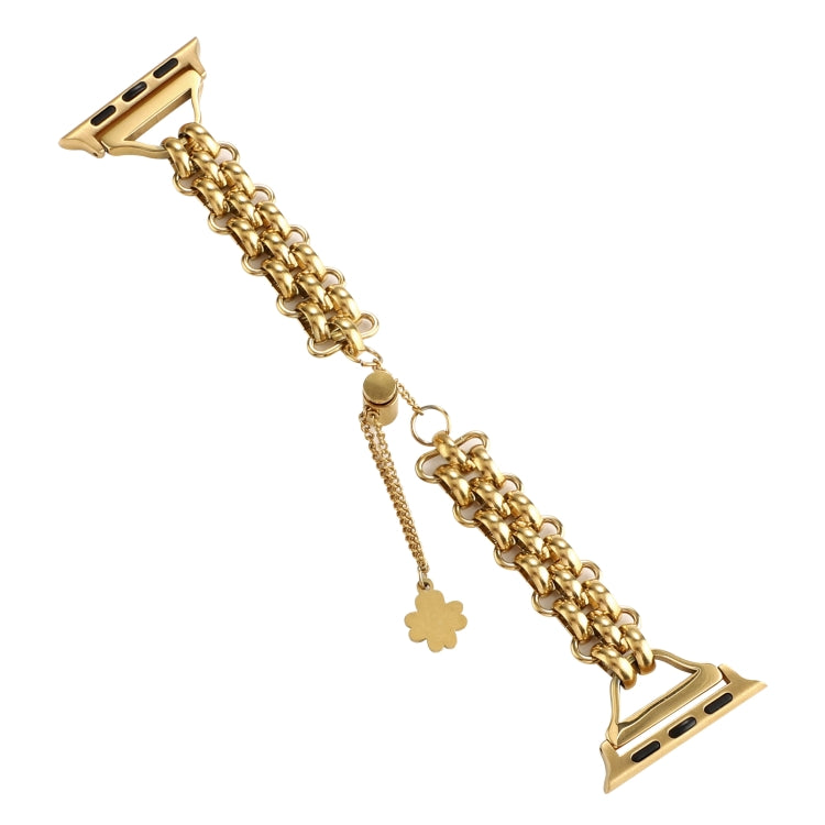 Dual-row chain metal watch band, gold tone, with clover charm and long chain tassel