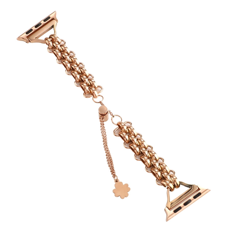 Dual-row chain metal watch band with rose gold links and clover charm