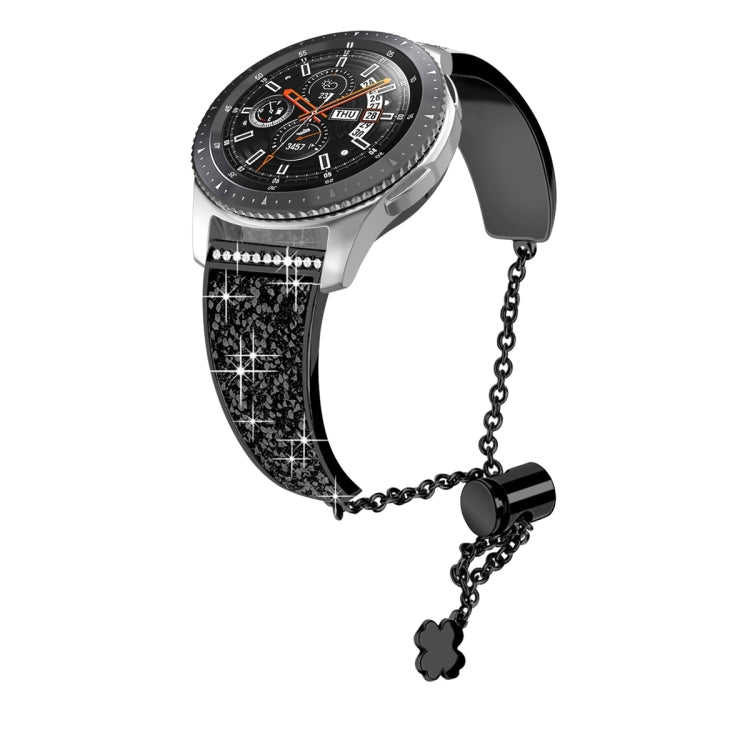 Black rhinestone 20mm watch band with metal chain and clover charm, for Garmin