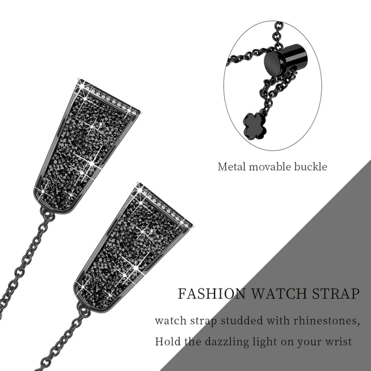 Black jeweled watch strap with rhinestone studs, metal movable buckle, chain charm
