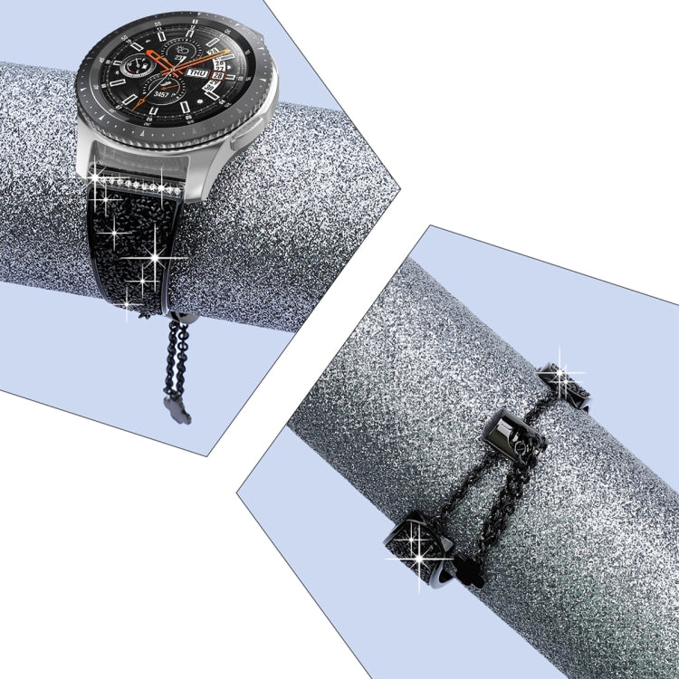 Silver rhinestone watch band with metal chain and clover charm, 20mm